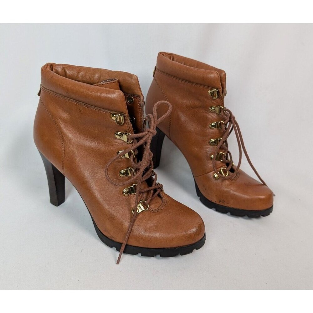 Lauren Ralph Lauren 8 B Darby Cognac Leather Boots Lace Up Heels Preppy Classic